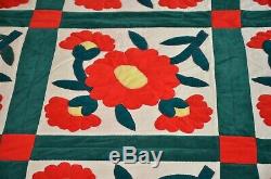 VINTAGE Handmade Applique Flowers BED QUILT 65 x 82 Velvet/Velour Poppy