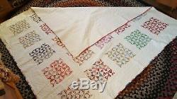 VINTAGE Handmade Quilt, White w multi colored triangle squares in the middle