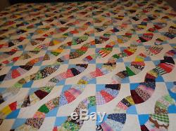 VINTAGE Large Handmade VERY COLORFUL Small Patches Blue Piping 90 x 78