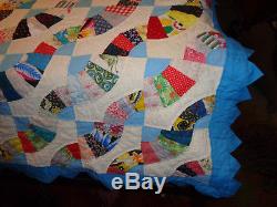 VINTAGE Large Handmade VERY COLORFUL Small Patches Blue Piping 90 x 78