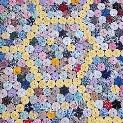 VINTAGE handmade Yo Yo Quilt Coverlet 30's Honeycomb colorful pattern 74x80in