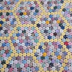 VINTAGE handmade Yo Yo Quilt Coverlet 30's Honeycomb colorful pattern 74x80in