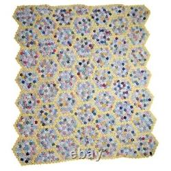 VINTAGE handmade Yo Yo Quilt Coverlet 30's Honeycomb colorful pattern 74x80in