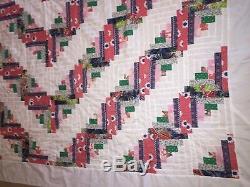 VINTAGE84x98LOG CABIN FLORAL PINKS BLUES GREENS on WHITEQUEEN QUILT TOP