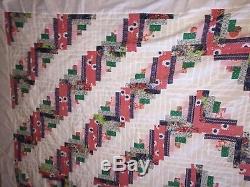 VINTAGE84x98LOG CABIN FLORAL PINKS BLUES GREENS on WHITEQUEEN QUILT TOP