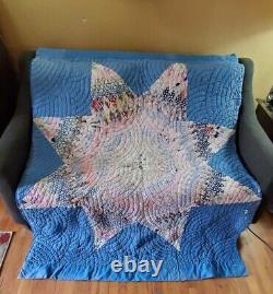 VTG 1930 Lone Star Quilt in Pastels and Yellow Background 80x60 DATED BLEMISHED