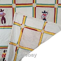 VTG 1930's Cowboy Quilt Topper 79x94 J. C. Rigsby Handmade Applique Linen RARE