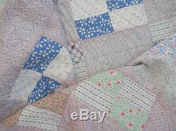 VTG 1930's Handmade Feedsack Patchwork Quilt 70X83 Pink Blue Green 4 Patch