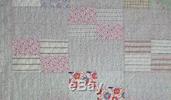 VTG 1930's Handmade Feedsack Patchwork Quilt 70X83 Pink Blue Green 4 Patch