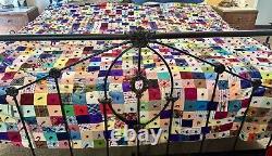 VTG 60s 70s Colorful Textured Polyester Bark Cloth KING Patchwork Quilt 110x98