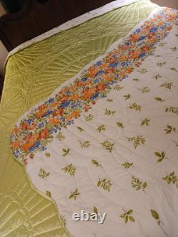 VTG 70's LIME Green Satin/Floral COMFORTER ROSES Hand-Quilted Queen Sz. EUC