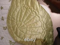 VTG 70's LIME Green Satin/Floral COMFORTER ROSES Hand-Quilted Queen Sz. EUC