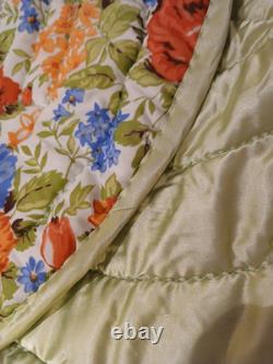 VTG 70's LIME Green Satin/Floral COMFORTER ROSES Hand-Quilted Queen Sz. EUC