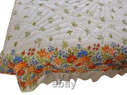 VTG 70's LIME Green Satin/Floral COMFORTER ROSES Hand-Quilted Queen Sz. EUC