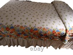 VTG 70's LIME Green Satin/Floral COMFORTER ROSES Hand-Quilted Queen Sz. EUC