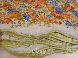 VTG 70's LIME Green Satin/Floral COMFORTER ROSES Hand-Quilted Queen Sz. EUC