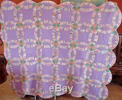 VTG ANTIQUE 1930'S PURPLE DOUBLE WEDDING RING QUILT HANDMADE HAND STITCHED 75x90
