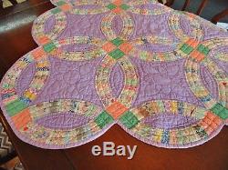 VTG ANTIQUE 1930'S PURPLE DOUBLE WEDDING RING QUILT HANDMADE HAND STITCHED 75x90