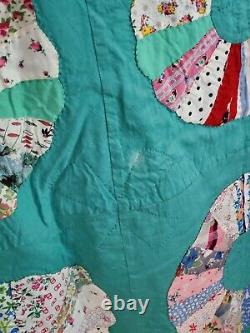 VTG Antique Hand Stiched Heavily Quilted Dresden Plate Quilt 80X65 Bedspread