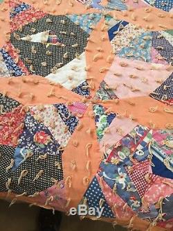 VTG Antique Handmade Quilt 65 x 80 Full Size Star Pattern Feed Sack
