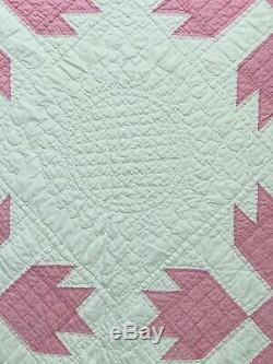 VTG Antique Quilt Handmade Pastel Pink White Bear Paw Saw Tooth Shabby 1920's
