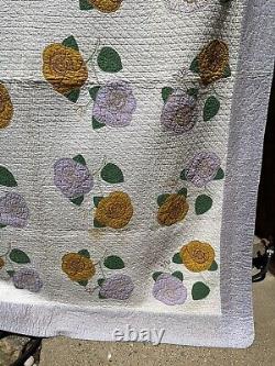 VTG Applique Quilt Intricate Diamond Stitch Gold Purple Floral Embroider 68x86