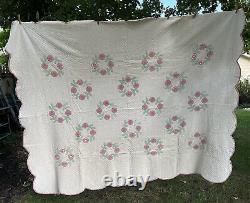 VTG Applique Quilt Pink Floral Diamond Intricate Stitch 90x72 Handmade Cottage