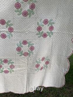 VTG Applique Quilt Pink Floral Diamond Intricate Stitch 90x72 Handmade Cottage