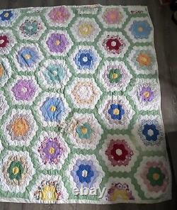 VTG Beautiful Grandmother's Dream Flower Garden Quilt Top Hand Sewn 80x78