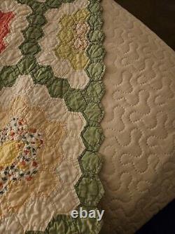 VTG Depression Feed Sack Grandmother's Garden Quilt 72×84 All Hand Sewn