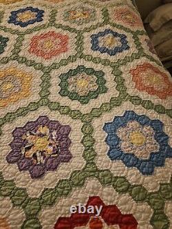 VTG Depression Feed Sack Grandmother's Garden Quilt 72×84 All Hand Sewn