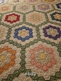 VTG Depression Feed Sack Grandmother's Garden Quilt 72×84 All Hand Sewn