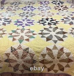 VTG Fabric & Feedsack Quilt Dresden Plate Variation Hand Quilted 68x84 Yellow