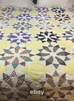 VTG Fabric & Feedsack Quilt Dresden Plate Variation Hand Quilted 68x84 Yellow