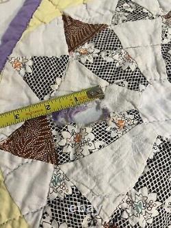 VTG Fabric & Feedsack Quilt Dresden Plate Variation Hand Quilted 68x84 Yellow