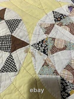 VTG Fabric & Feedsack Quilt Dresden Plate Variation Hand Quilted 68x84 Yellow