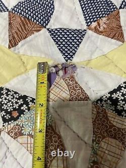 VTG Fabric & Feedsack Quilt Dresden Plate Variation Hand Quilted 68x84 Yellow