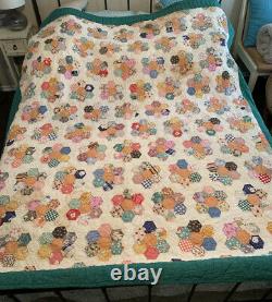 VTG Grandmothers Flower Garden Quilt Handmade 71 x 81 flowers Feedsack Hand sewn