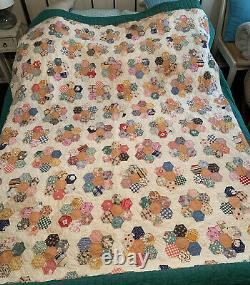 VTG Grandmothers Flower Garden Quilt Handmade 71 x 81 flowers Feedsack Hand sewn