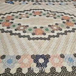 VTG Grandmothers Flower Garden Quilt Vary Hand Stitched Made1934 Signed 65x74