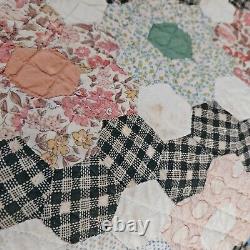 VTG Grandmothers Flower Garden Quilt Vary Hand Stitched Made1934 Signed 65x74