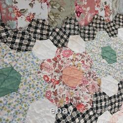 VTG Grandmothers Flower Garden Quilt Vary Hand Stitched Made1934 Signed 65x74