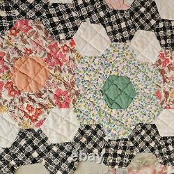 VTG Grandmothers Flower Garden Quilt Vary Hand Stitched Made1934 Signed 65x74