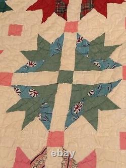 VTG Hand Made Stitched Sewn flower Friendship Quilt Feed sack 80 x 65 patchwork
