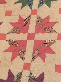 VTG Hand Made Stitched Sewn flower Friendship Quilt Feed sack 80 x 65 patchwork