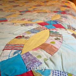 VTG Hand Stitched Double Wedding Ring Quilt Patchwork Scalloped 82x92 Farm House