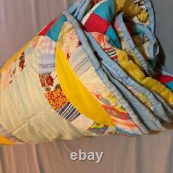 VTG Hand Stitched Double Wedding Ring Quilt Patchwork Scalloped 82x92 Farm House