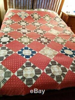 VTG HandMade Pieced Quilt Red Cream Tan 80x66 Twin Full Cottage Cabin Gingham
