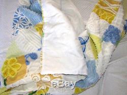 VTG Handmade Cottage BLUE YELLOW CHENILLE EYE CANDY PATCHWORK Soft THROW 40X60