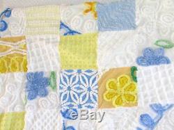 VTG Handmade Cottage BLUE YELLOW CHENILLE EYE CANDY PATCHWORK Soft THROW 40X60